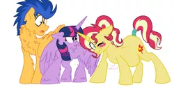 Size: 1060x560 | Tagged: safe, artist:ficklepickle9421, derpibooru import, flash sentry, sunset shimmer, twilight sparkle, twilight sparkle (alicorn), alicorn, pegasus, pony, unicorn, series:sunlightsentry weekly, bisexual, blushing, chest fluff, female, flashimmer, flashlight, flashlightshimmer, lesbian, male, nervous, offspring, one eye closed, parent:flash sentry, parent:sunset shimmer, parents:flashimmer, polyamory, pregnant, shipping, simple background, straight, sunsetsparkle, tail wrap, white background