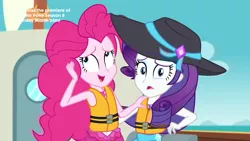 Size: 1920x1080 | Tagged: safe, derpibooru import, screencap, pinkie pie, rarity, equestria girls, equestria girls series, the salty sails, clothes, duo, geode of shielding, geode of sugar bombs, hat, lifejacket, magical geodes, sun hat, swimsuit