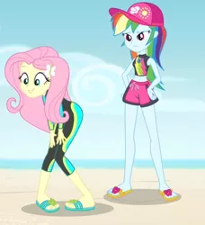 Size: 580x635 | Tagged: safe, derpibooru import, screencap, fluttershy, rainbow dash, aww... baby turtles, equestria girls, equestria girls series, adorasexy, beach, belly button, bent over, clothes, curvy, cute, eyes on the prize, feet, flip-flops, hips, midriff, ocean, out of context, sandals, sexy, shorts, shyabetes, swimsuit, wetsuit