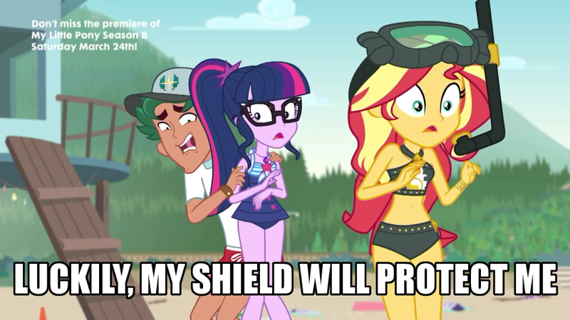 Size: 1024x576 | Tagged: safe, derpibooru import, edit, edited screencap, screencap, sci-twi, sunset shimmer, timber spruce, twilight sparkle, equestria girls, equestria girls series, unsolved selfie mysteries, beach, belly button, bikini, clothes, coward, diving goggles, lifeguard, lifeguard timber, meat shield, midriff, scared, shield, snorkel, swimsuit, terrified, text, timber spruce drama