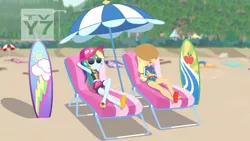 Size: 1366x768 | Tagged: safe, derpibooru import, screencap, applejack, rainbow dash, equestria girls, equestria girls series, lost and found, beach, clothes, crossed legs, feet, flip-flops, hat, legs, sandals, sexy, sunglasses, surfboard, swimsuit