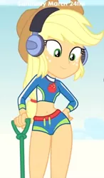 Size: 392x670 | Tagged: safe, derpibooru import, screencap, applejack, equestria girls, equestria girls series, lost and found, belly button, clothes, cocked hip, curvy, hand on hip, hips, legs, midriff, shovel, swimsuit