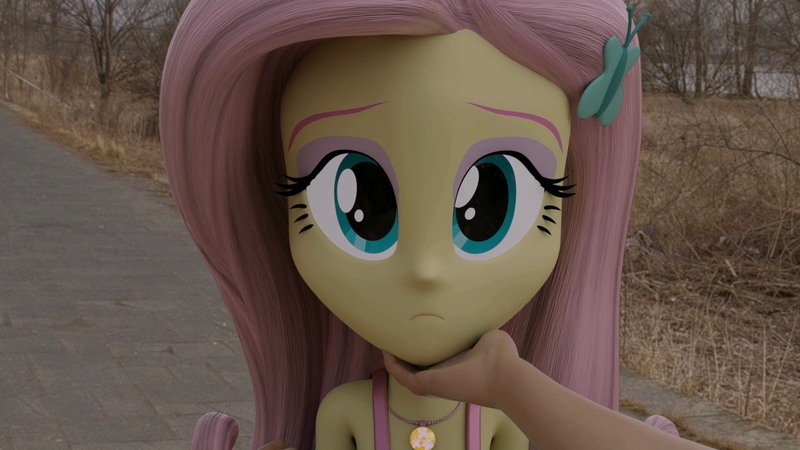 Size: 1280x720 | Tagged: safe, artist:efk-san, derpibooru import, fluttershy, human, pony, equestria girls, 3d, clothes, cute, irl, irl human, looking at you, photo, source filmmaker