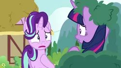 Size: 1280x720 | Tagged: safe, derpibooru import, screencap, starlight glimmer, twilight sparkle, twilight sparkle (alicorn), alicorn, pony, unicorn, no second prances, bush, bushanka, bushicorn, duo, female, hoof on chest, mare, offended, open mouth, pointing at self, ponyville, raised hoof, twilight bushel, worried