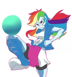 Size: 1150x1232 | Tagged: safe, artist:zxcv, derpibooru import, rainbow dash, human, equestria girls, badass, badass adorable, ball, boots, clothes, compression shorts, cute, female, looking at you, shoes, shorts, simple background, skirt, skirt lift, white background