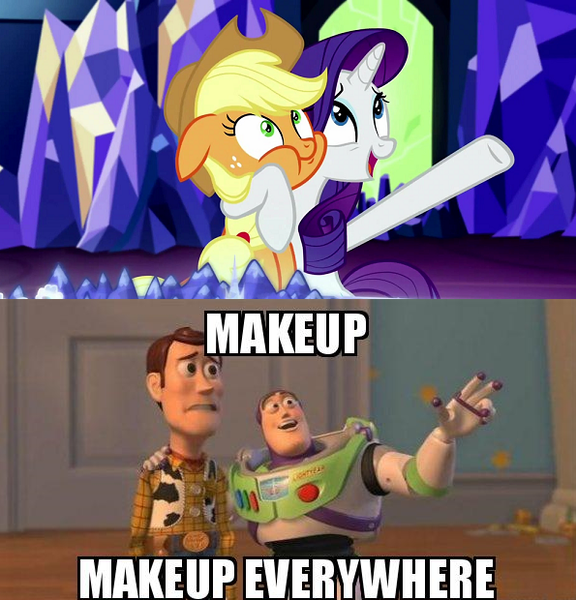 Size: 595x620 | Tagged: applejack, buzz lightyear, chokehold, cutie map, cutie map quest, derpibooru import, dreamy, everywhere meme pony edition, exploitable meme, image macro, made in manehattan, makeup, meme, puffy cheeks, rarity, safe, toy story, twilight's castle, woody, x x everywhere