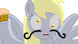 Size: 1334x750 | Tagged: asdfmovie, derpibooru import, derpy hooves, facial hair, food, moustache, muffin, safe, solo