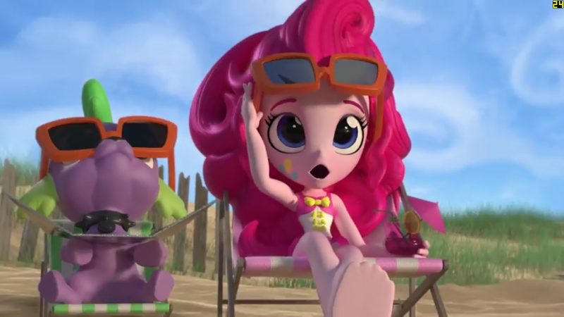 Size: 1920x1080 | Tagged: safe, derpibooru import, official, screencap, pinkie pie, spike, spike the regular dog, dog, equestria girls, equestria girls series, barefoot, beach adventures, doll, equestria girls minis, feet, fraps, hasbro, scared, shocked, sunglasses, toy, trailer, youtube link