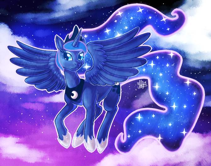 Size: 671x530 | Tagged: safe, artist:thepipefox, derpibooru import, princess luna, pony, cloud, color porn, eyestrain warning, jewelry, sky, solo, spread wings, tiara, wings