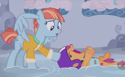 Size: 657x407 | Tagged: safe, derpibooru import, screencap, scootaloo, windy whistles, pegasus, pony, parental glideance, animated, clothes, cloud, covering ears, cute, cutealoo, duo, eeee, excited, eyebrows, eyes closed, fangirling, female, filly, flailing, flapping, freckles, frustrated, helmet, kicking, mare, saddle bag, screaming, shirt, wing hands, wings