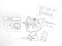 Size: 1920x1440 | Tagged: safe, artist:tjpones, derpibooru import, oc, unofficial characters only, earth pony, pony, brony stereotype, button, calendar, fedora, grayscale, hat, humie, lineart, male, monochrome, my little human, plushie, poster, role reversal, simple background, solo, stallion, stubble, traditional art, white background