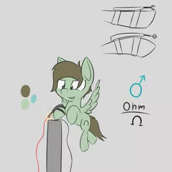 Size: 4000x4000 | Tagged: artist:lofis, confident, derpibooru import, electricity, flying, male, male symbol, mechanical claw, oc, oc:ohm, omega, reference sheet, safe, signature, smiling, stallion, technical illustration, wires