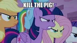 Size: 600x337 | Tagged: safe, derpibooru import, edit, edited screencap, screencap, applejack, fluttershy, rainbow dash, rarity, twilight sparkle, alicorn, to where and back again, image macro, kill the pig, lord of the flies, meme, twilight sparkle (alicorn)