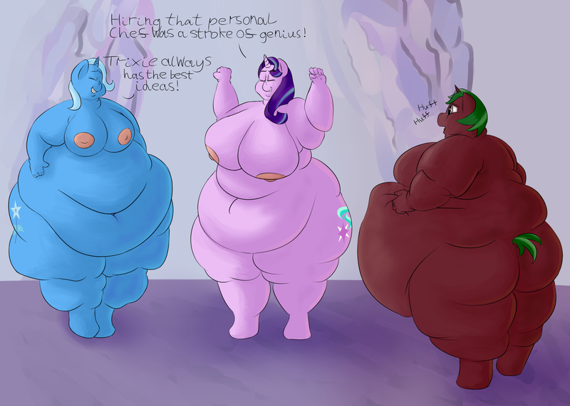 Size: 3500x2500 | Tagged: anthro, areola, artist:lupin quill, bbw, belly, belly grab, bhm, big belly, big breasts, bingo wings, breasts, busty starlight glimmer, busty trixie, derpibooru import, dialogue, erect nipples, eyes closed, fat, high res, large butt, moobs, morbidly obese, nipples, nudity, obese, oc, oc:wooden spoon, open mouth, panting, questionable, rolls of fat, ssbbw, starlard glimmer, starlight glimmer, stretching, the ass was fat, the great and bountiful trixie, thunder thighs, trixie, unguligrade anthro, wide hips