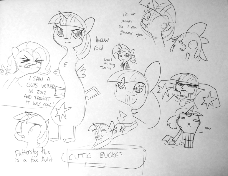 Size: 1792x1389 | Tagged: suggestive, artist:tjpones, derpibooru import, fluttershy, rarity, spike, twilight sparkle, twilight sparkle (alicorn), alicorn, dragon, human, pegasus, pony, unicorn, comic:the many faces of twilight sparkle, black and white, blushing, bucket, bust, chest fluff, cute bucket, dialogue, embarrassed, eyes closed, female, grayscale, grin, humanized, jumping, lineart, mare, monochrome, simple background, sketch, sketch dump, smiling, starry eyes, traditional art, wat, wingding eyes