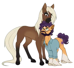 Size: 3281x3000 | Tagged: safe, artist:askbubblelee, derpibooru import, oc, oc:cocoa nutt, oc:peter nutt, unofficial characters only, earth pony, pony, saddle arabian, beard, clothes, couple, facial hair, female, husband and wife, looking at each other, male, mare, married couple, oc x oc, realistic anatomy, realistic horse legs, redesign, shipping, shirt, simple background, size difference, smiling, socks (coat marking), stallion, star (coat marking), straight, transparent background, unshorn fetlocks