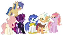 Size: 2448x1380 | Tagged: safe, artist:leanne264, derpibooru import, oc, oc:cupcake, oc:harmony shield, oc:ocean melody, oc:pentagram, oc:thunder, oc:wolf paw, unofficial characters only, hybrid, pegasus, pony, unicorn, armor, base used, clothes, female, guard armor, hair over eyes, hoodie, interspecies offspring, magical lesbian spawn, mare, next generation, offspring, parent:applejack, parent:bulk biceps, parent:derpy hooves, parent:discord, parent:flash sentry, parent:fluttershy, parent:pinkie pie, parent:rainbow dash, parent:rarity, parent:royal guard, parent:tempest shadow, parent:twilight sparkle, parents:applecord, parents:derpypie, parents:flashdash, parents:flutterbulk, parents:tempestlight, simple background, transparent background