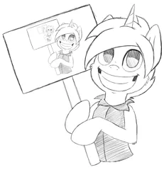 Size: 1896x2048 | Tagged: safe, artist:theartistsora, derpibooru import, edit, oc, oc:crusader, pony, unicorn, creepy, creepy smile, droste effect, exploitable meme, grin, meme, monochrome, recursion, sign, smiling, solo