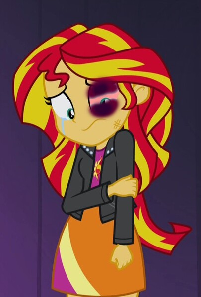 Size: 443x656 | Tagged: semi-grimdark, derpibooru import, edit, edited screencap, screencap, sunset shimmer, equestria girls, rainbow rocks, abuse, abuse edit, black eye, eqg abuse edits, sad, shimmerbuse