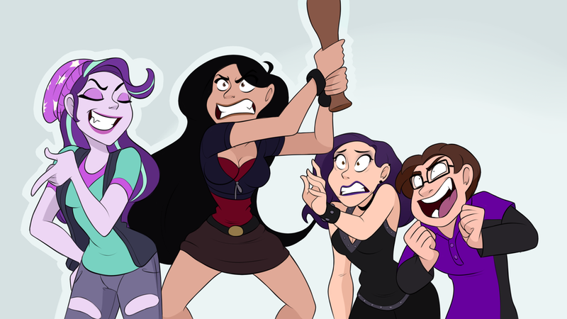 Size: 1280x720 | Tagged: safe, artist:croxovergoddess, artist:smartblondessarcasm, derpibooru import, starlight glimmer, oc, oc:lily orchard, oc:lily peet, oc:lizzy orchard, oc:xain-russel, human, equestria girls, baseball bat, beanie, belt, bhaalspawn, breasts, cleavage, clothes, drama, draw the squad, female, hat, imminent pain, legs, lily orchard, lily peet, male, miniskirt, skirt, starlight drama, trans girl, transgender