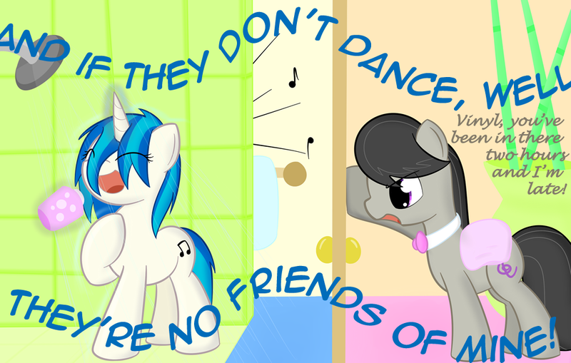 Size: 1000x636 | Tagged: safe, artist:erthilo, derpibooru import, octavia melody, vinyl scratch, earth pony, pony, unicorn, ask octavia, duo, duo female, female, mare, men without hats, safety dance, shower, singing, song reference, wet mane