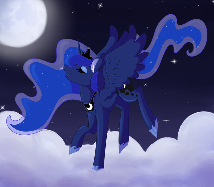 Size: 4500x3938 | Tagged: alicorn, artist:miss-racco0n, cloud, derpibooru import, eyes closed, female, mare, moon, night, princess luna, safe, solo, stars