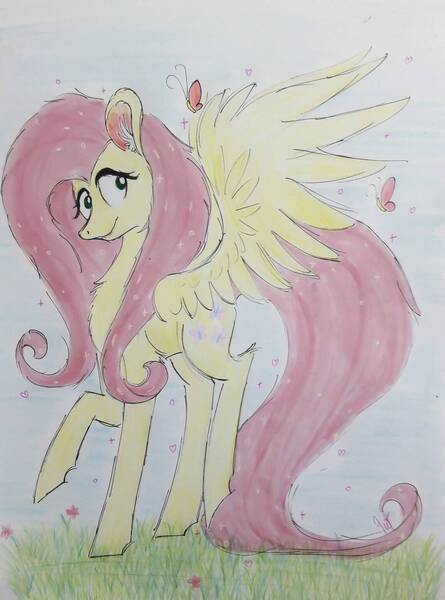 Size: 1152x1554 | Tagged: safe, artist:miss-racco0n, derpibooru import, fluttershy, pegasus, pony, female, mare, solo, traditional art
