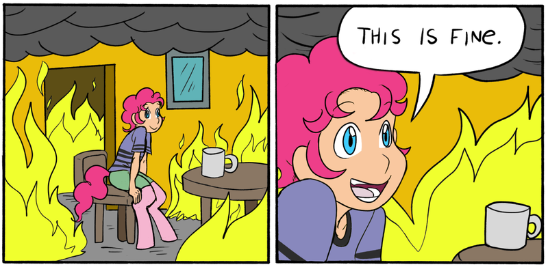 Size: 1349x659 | Tagged: artist:dj-black-n-white, coffee, derpibooru import, fire, gunshow, meme, oc, oc:pogo, offspring, parent:pinkie pie, reaction image, safe, satyr, this is fine, unofficial characters only