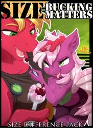 Size: 648x891 | Tagged: suggestive, artist:eto ya, derpibooru import, big macintosh, cheerilee, anthro, art pack:size bucking matters, art pack, art pack cover, breasts, cheek fluff, cheerimac, cherry, clothes, cutie mark, feeding, female, food, holding head, ice cream, male, shipping, size difference, straight, tongue out