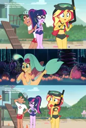 Size: 1920x2832 | Tagged: safe, derpibooru import, edited screencap, screencap, princess skystar, sci-twi, sunset shimmer, timber spruce, twilight sparkle, seapony (g4), equestria girls, equestria girls series, my little pony: the movie, unsolved selfie mysteries, angry, beach, bikini, blushing, clothes, comic, cute, disappointed, geode of empathy, geode of telekinesis, ponytail, screencap comic, swimsuit, unamused