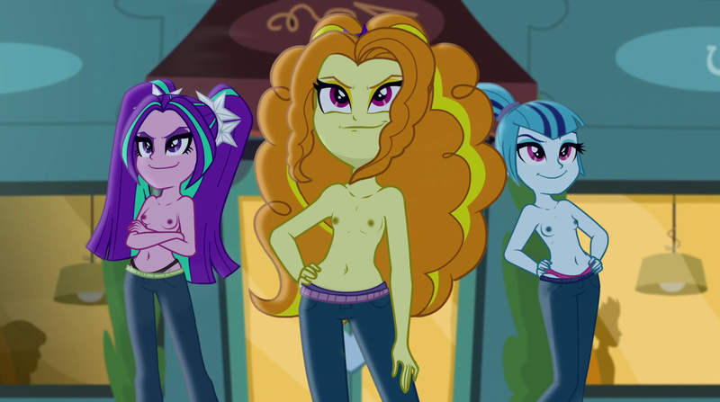 Size: 1904x1064 | Tagged: questionable, artist:dirty mike, derpibooru import, edit, edited edit, edited screencap, screencap, adagio dazzle, aria blaze, sonata dusk, equestria girls, rainbow rocks, belly button, breasts, casual nudity, clothes, confident, crossed arms, delicious flat chest, diner, flatdagio dazzle, jeans, nipples, nude edit, nudity, panties, pants, partial nudity, partial nudity edit, the dazzlings, thong, topless, underwear, underwear edit