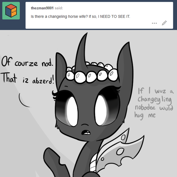 Size: 720x720 | Tagged: safe, alternate version, artist:tjpones, derpibooru import, oc, oc:pistachio, unofficial characters only, changeling, horse wife, ask, blatant lies, bust, changeling oc, dialogue, disguise, disguised changeling, engrish, female, gray background, grayscale, monochrome, raised hoof, simple background, solo, tumblr, white changeling
