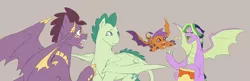 Size: 4745x1536 | Tagged: artist:pikokko, chips, derpibooru import, dracony, eating, female, flying, food, gray background, half-siblings, hybrid, interdimensional siblings, interspecies offspring, kilalaverse, male, oc, oc:fire agate, oc:jade, oc:jasper, oc:turquoise blitz, offspring, open mouth, pandoraverse, parent:rarity, parent:scootaloo, parent:spike, parents:scootaspike, parents:sparity, parents:twispike, parent:twilight sparkle, potato chips, safe, simple background, unofficial characters only