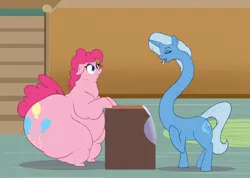 Size: 1280x912 | Tagged: safe, artist:astr0zone, derpibooru import, pinkie pie, trixie, earth pony, pony, unicorn, belly, big belly, duo, fat, huge belly, huge butt, impossibly long neck, large belly, large butt, long neck, morbidly obese, necc, obese, piggy pie, pudgy pie, sugarcube corner, talking