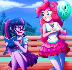 Size: 1160x1120 | Tagged: safe, artist:the-butch-x, derpibooru import, pinkie pie, sci-twi, twilight sparkle, equestria girls, equestria girls series, alan keane, balloon, bench, book, bowtie, cartoon network, clothes, crossover, cute, diapinkes, duo, female, glasses, grin, hairband, legs, pantyhose, pleated skirt, ponytail, schrödinger's pantsu, skirt, skirt lift, smiling, the amazing world of gumball, upskirt denied