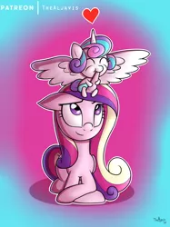 Size: 1280x1707 | Tagged: safe, artist:thealjavis, derpibooru import, princess cadance, princess flurry heart, pony, baby, baby pony, cute, cutedance, female, flurrybetes, heart, mother and daughter, nom, prone