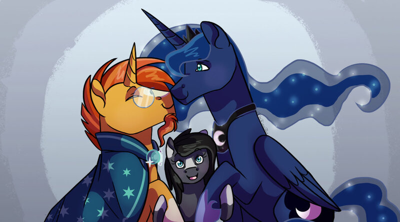 Size: 1024x570 | Tagged: safe, artist:kitkatsart, derpibooru import, princess luna, sunburst, oc, oc:dawn shine, alicorn, earth pony, pony, unicorn, boop, family, female, filly, lunaburst, male, mare, noseboop, offspring, parent:princess luna, parent:sunburst, parents:lunaburst, shipping, stallion, straight