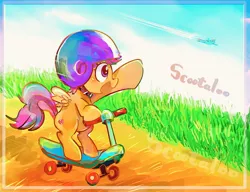 Size: 2048x1576 | Tagged: safe, artist:osawari64, derpibooru import, rainbow dash, scootaloo, pegasus, pony, duo, female, filly, flying, helmet, mare, scooter, waving