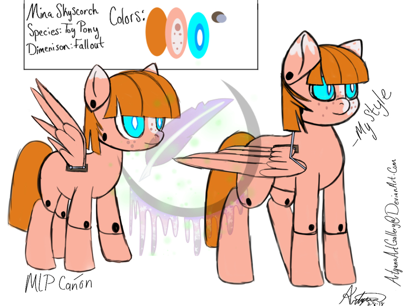 Size: 1255x948 | Tagged: safe, artist:artyanasartgallery, derpibooru import, oc, oc:mina skyscorch, original species, pegasus, pony, toy pony, fallout equestria, female, mare, showcase, solo, watermark