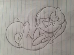 Size: 1024x768 | Tagged: safe, artist:pixel_berry, derpibooru import, oc, oc:pastel macaron, unofficial characters only, earth pony, pony, blank flank, chest fluff, cute, female, filly, freckles, lined paper, monochrome, solo, tongue out, traditional art