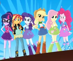 Size: 953x797 | Tagged: safe, derpibooru import, screencap, applejack, fluttershy, pinkie pie, rainbow dash, rarity, sci-twi, sunset shimmer, twilight sparkle, eqg summertime shorts, equestria girls, get the show on the road, boots, clothes, cowboy boots, cowboy hat, denim skirt, geode of empathy, geode of shielding, geode of sugar bombs, geode of telekinesis, glasses, hand on hip, hat, magical geodes, mane six, mary janes, pants, ponytail, shoes, skirt, socks, stetson