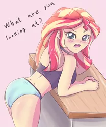 Size: 3248x3896 | Tagged: suggestive, artist:sumin6301, derpibooru import, sunset shimmer, equestria girls, angry, ass, blue underwear, blushing, breasts, bunset shimmer, clothes, desk, dialogue, dimples of venus, female, looking at you, midriff, open mouth, panties, question mark, solo, solo female, sports bra, sports panties, underwear