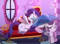 Size: 1200x880 | Tagged: safe, artist:bluse, derpibooru import, rarity, sweetie belle, pony, unicorn, acne, crying, duo, fainting couch, female, filly, makeup, mare, marshmelodrama, mascarity, ocular gushers, pimple, running makeup, show accurate, sisters, the worst possible thing, umbrella, whining, window