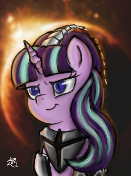 Size: 1416x1902 | Tagged: safe, artist:z-y-c, derpibooru import, starlight glimmer, pony, unicorn, armor, corrupted, female, looking at you, mare, solo