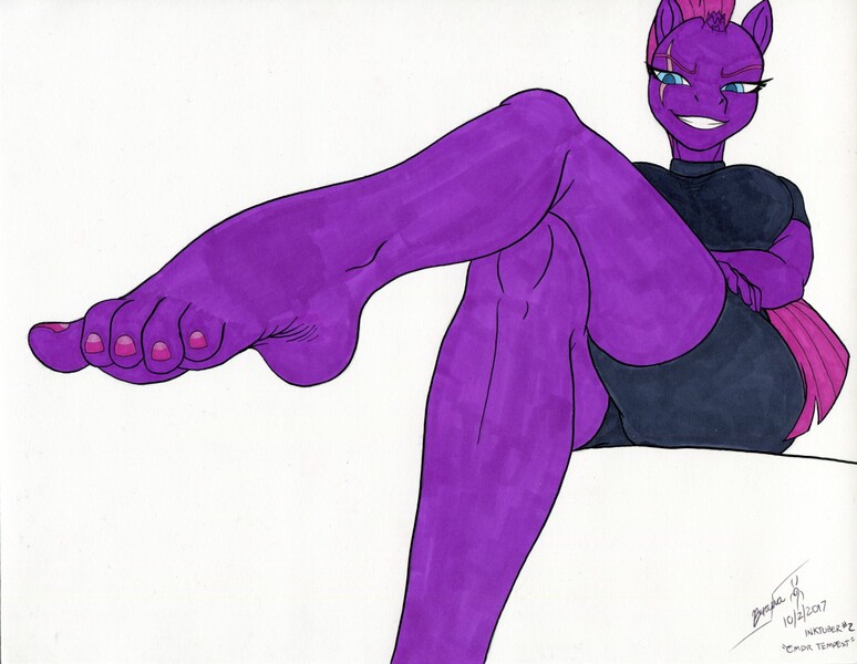 Size: 1280x992 | Tagged: anthro, artist:braxia, breasts, crossed legs, derpibooru import, feet, fetish, foot fetish, my little pony: the movie, plantigrade anthro, smiling, suggestive, tempest shadow, traditional art