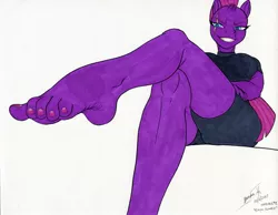 Size: 1280x992 | Tagged: anthro, artist:braxia, breasts, crossed legs, derpibooru import, feet, fetish, foot fetish, my little pony: the movie, plantigrade anthro, smiling, suggestive, tempest shadow, traditional art