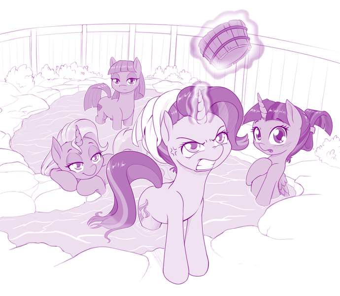 Size: 1000x869 | Tagged: safe, artist:dstears, derpibooru import, maud pie, starlight glimmer, trixie, twilight sparkle, twilight sparkle (alicorn), alicorn, earth pony, pony, unicorn, angry, blushing, bucket, cross-popping veins, female, glowing horn, gritted teeth, hot springs, implied starburst, implied sunburst, levitation, magic, mare, monochrome, offscreen character, onsen, purple, smiling, telekinesis, tsundere, we don't normally wear clothes