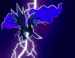 Size: 1280x989 | Tagged: safe, artist:talonsofwater, derpibooru import, princess luna, alicorn, pony, female, flying, lightning, mare, slit eyes, smiling, solo, spread wings, the dark knight returns, wings