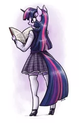 Size: 704x1100 | Tagged: safe, artist:king-kakapo, derpibooru import, twilight sparkle, anthro, unguligrade anthro, unicorn, adorkable, book, clothes, cute, dork, female, high heels, mare, plaid, plaid skirt, pleated skirt, reading, rear view, shirt, shoes, simple background, skirt, solo, stockings, sweater vest, thigh highs, unicorn twilight, white background, zettai ryouiki