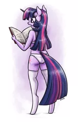 Size: 704x1100 | Tagged: suggestive, artist:king-kakapo, derpibooru import, twilight sparkle, anthro, unguligrade anthro, unicorn, ass, book, bra, breasts, clothes, female, mare, panties, reading, rear view, simple background, solo, solo female, stockings, thigh highs, twibutt, underwear, unicorn twilight, white background, white underwear